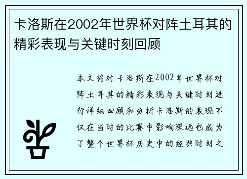 卡洛斯在2002年世界杯对阵土耳其的精彩表现与关键时刻回顾